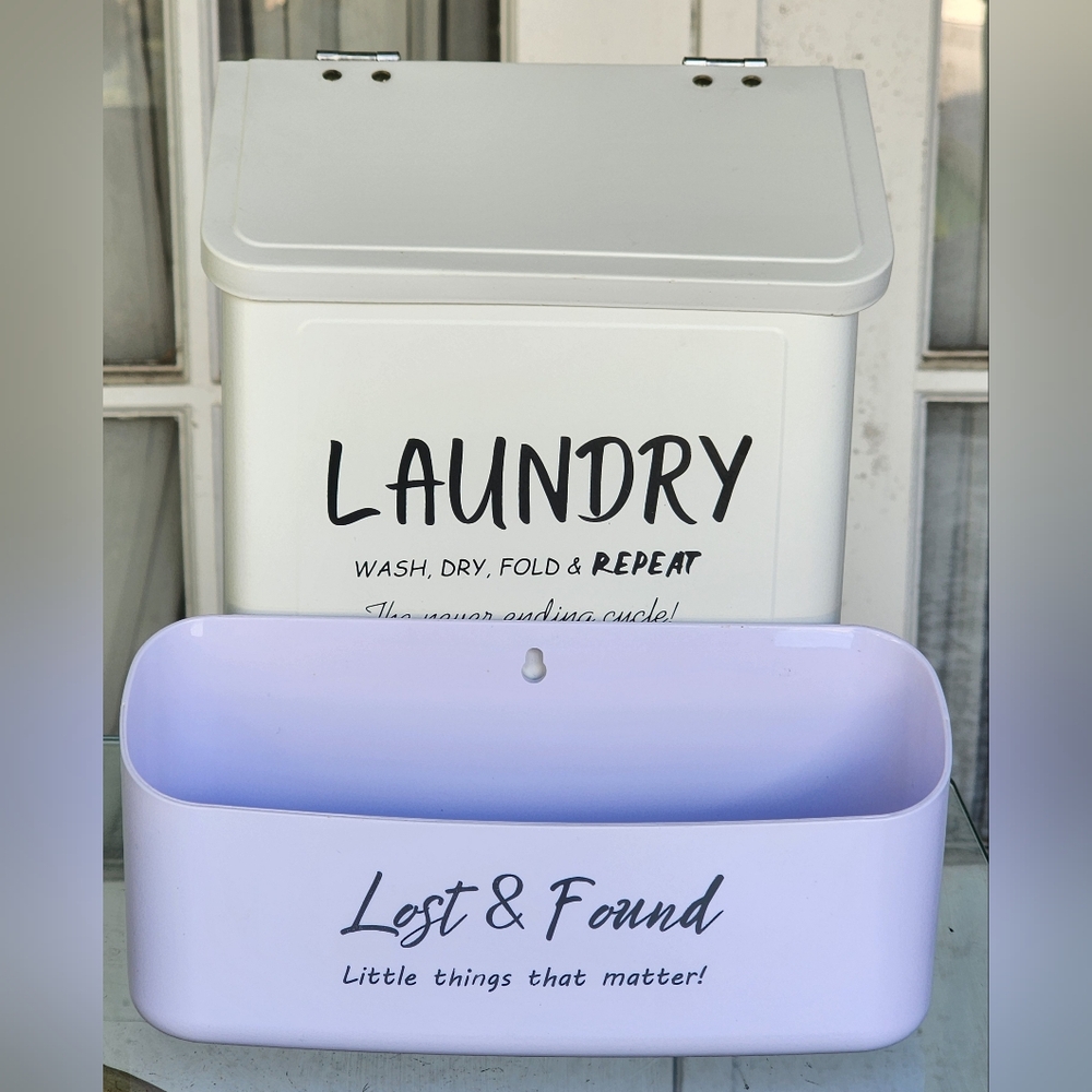 Laundry Bin & Lost & Found Wall Pocket - White and Light Lavender